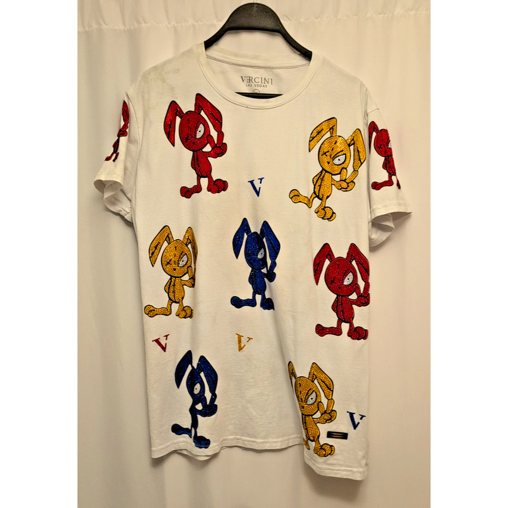 Vercini XXL crystal winking peace sign fingers bunnies multicolor front design T